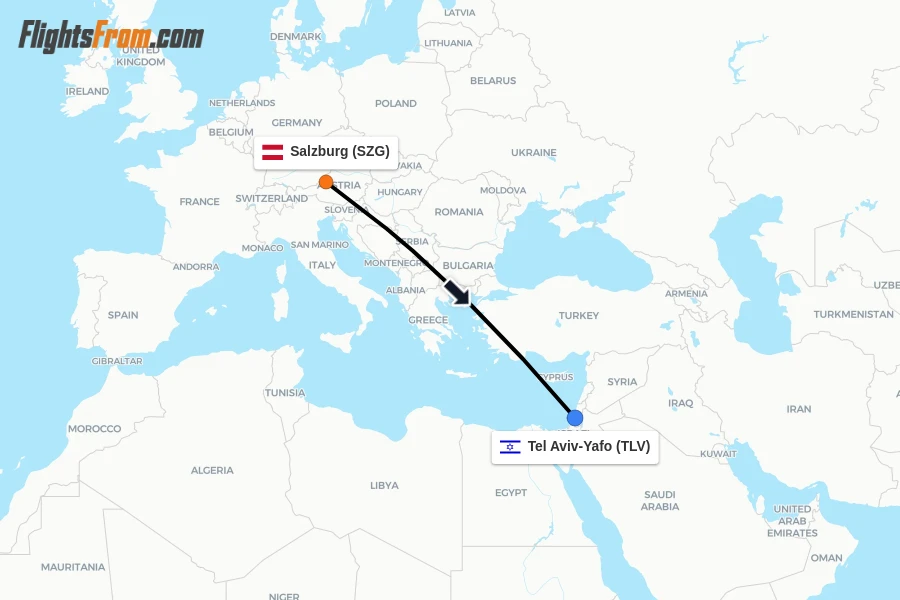 Flights from Salzburg to Tel Aviv-Yafo route map