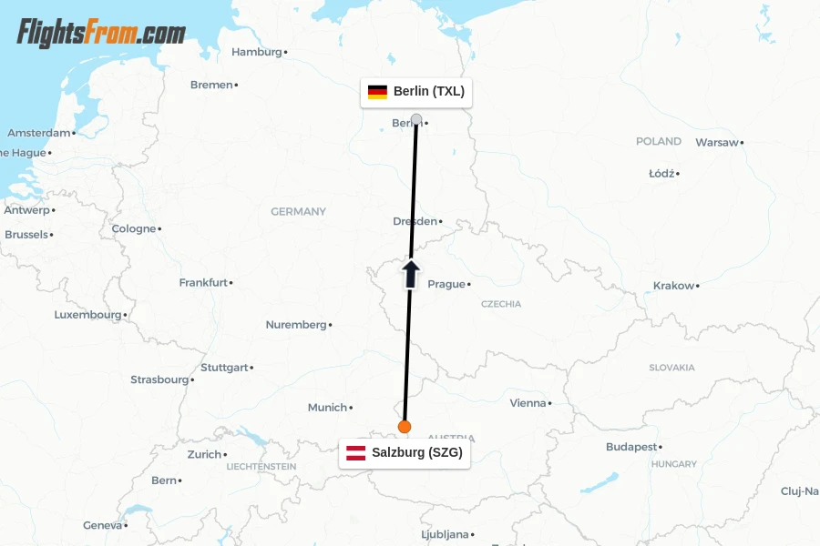 Flights from Salzburg to Berlin route map