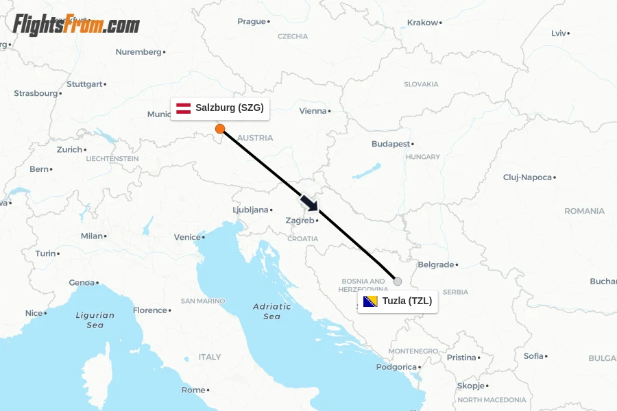 Flights from Salzburg to Tuzla route map