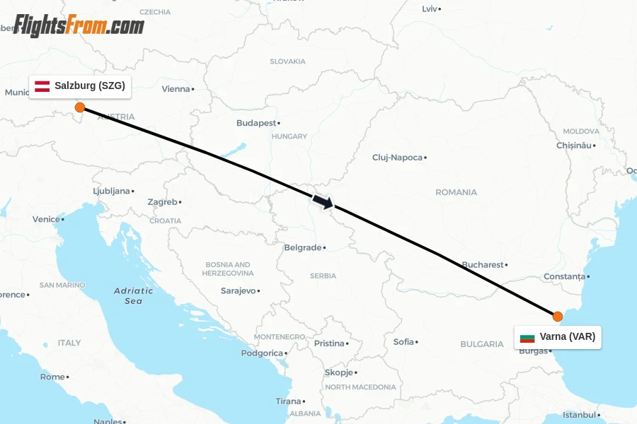 Flights from Salzburg to Varna route map