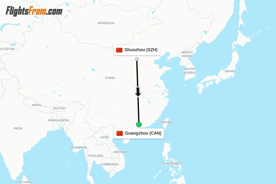 Flights from Shuozhou to Guangzhou route map
