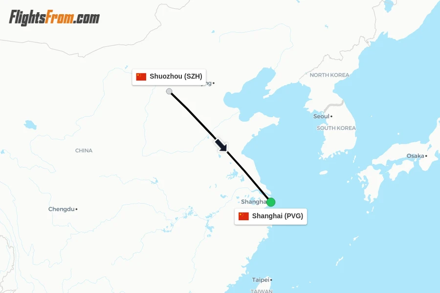 Flights from Shuozhou to Shanghai route map