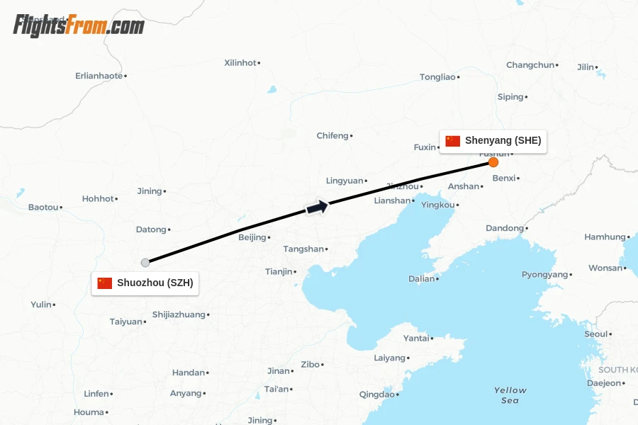 Flights from Shuozhou to Shenyang route map