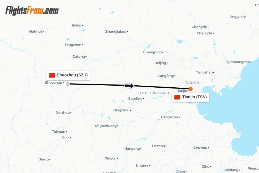 Flights from Shuozhou to Tianjin route map