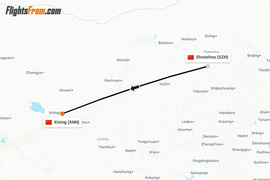 Flights from Shuozhou to Xining route map