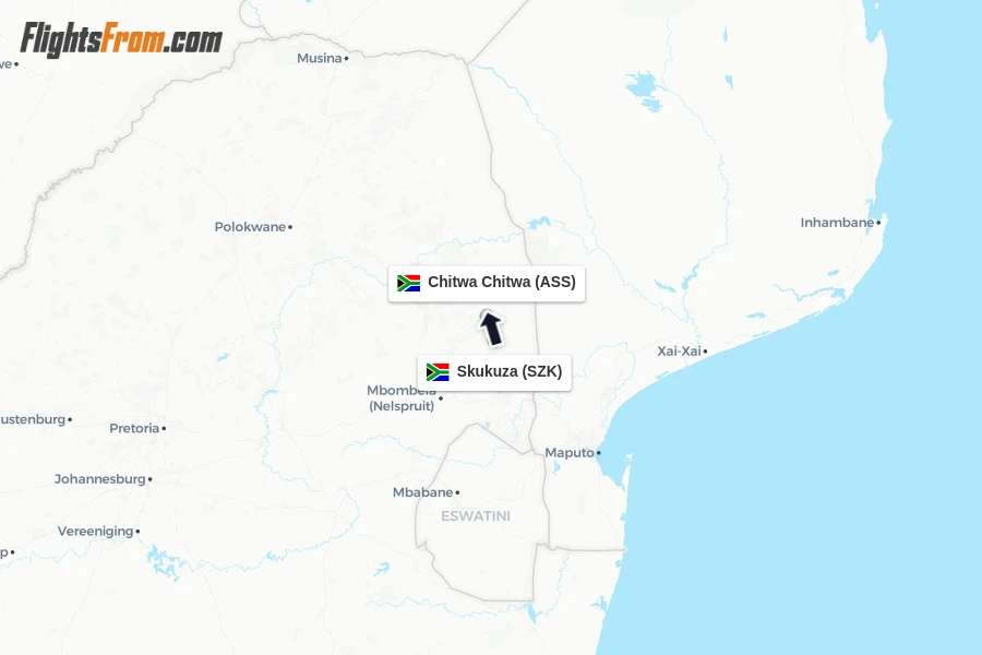 Flights from Skukuza to Chitwa Chitwa route map