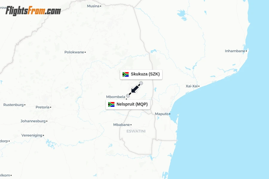 Flights from Skukuza to Nelspruit route map