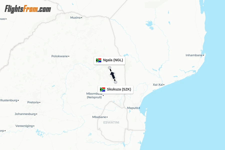 Flights from Skukuza to Ngala route map