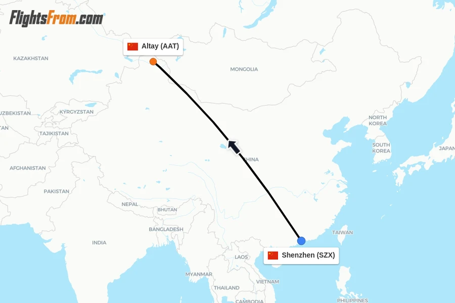 Flights from Shenzhen to Altay route map