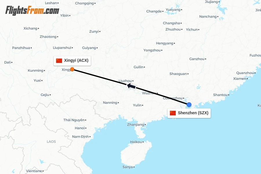 Flights from Shenzhen to Xingyi route map