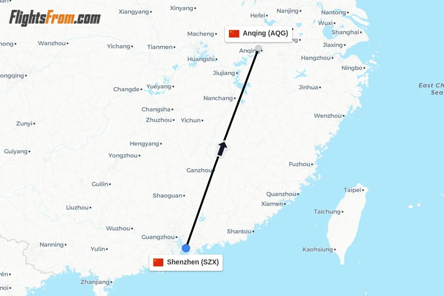 Flights from Shenzhen to Anqing route map