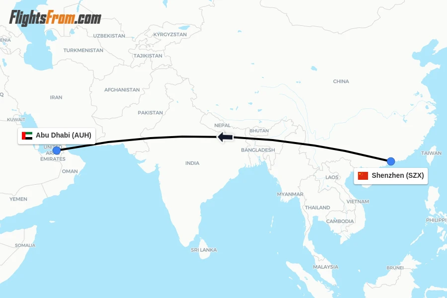 Flights from Shenzhen to Abu Dhabi route map
