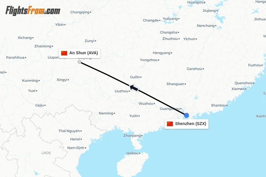 Flights from Shenzhen to An Shun route map