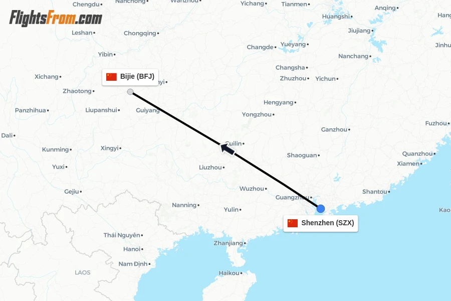 Flights from Shenzhen to Bijie route map
