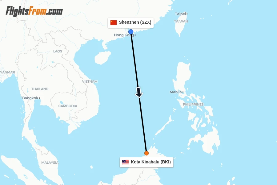 Flights from Shenzhen to Kota Kinabalu route map