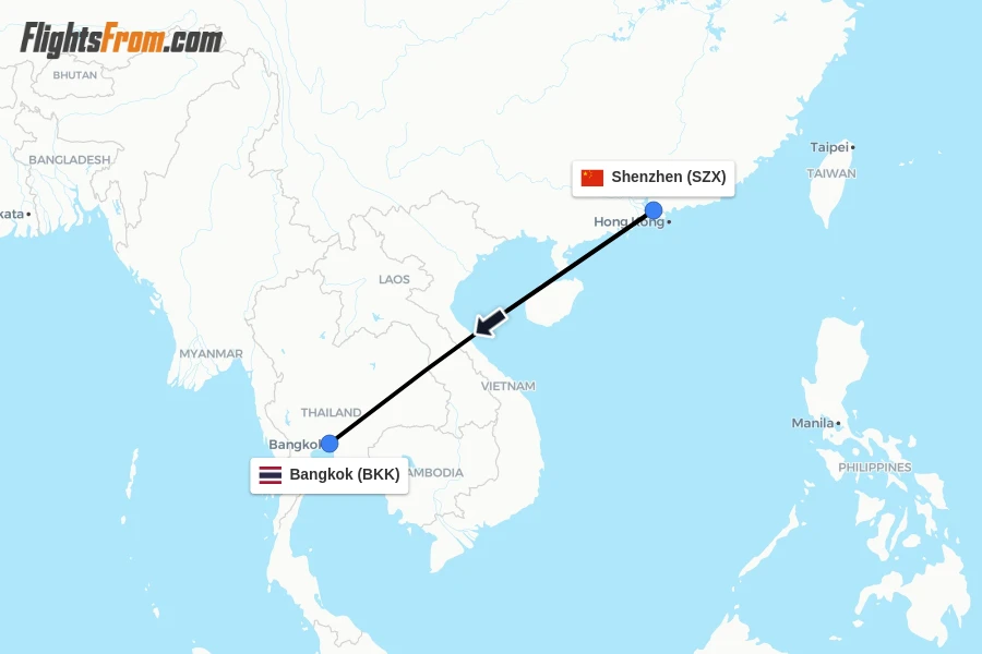 Flights from Shenzhen to Bangkok route map
