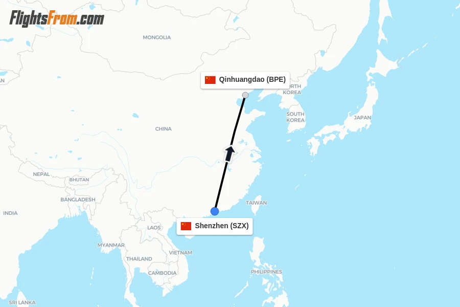 Flights from Shenzhen to Qinhuangdao route map