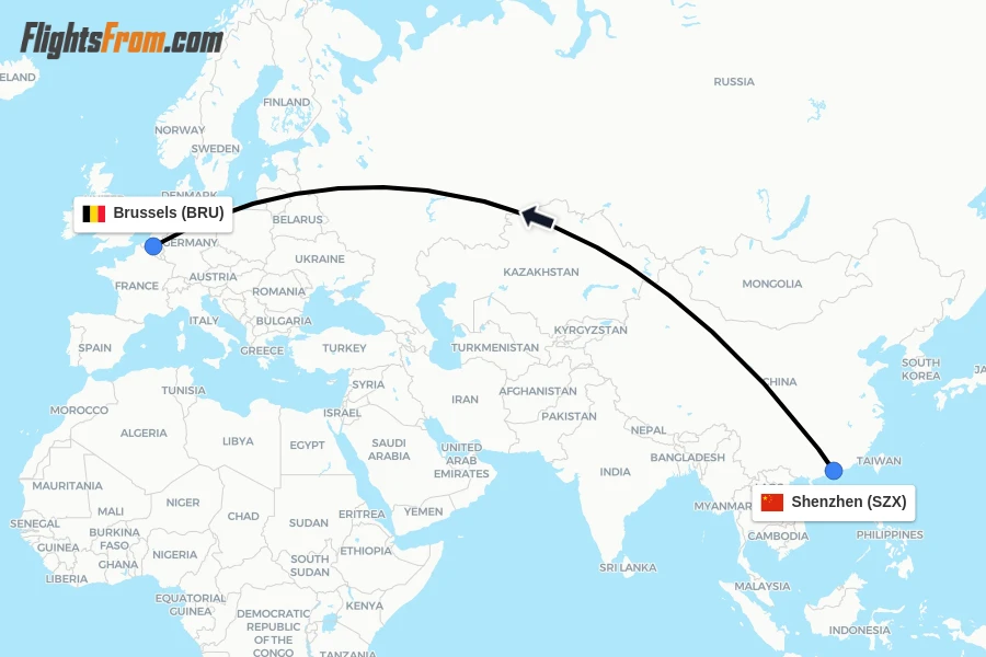 Flights from Shenzhen to Brussels route map