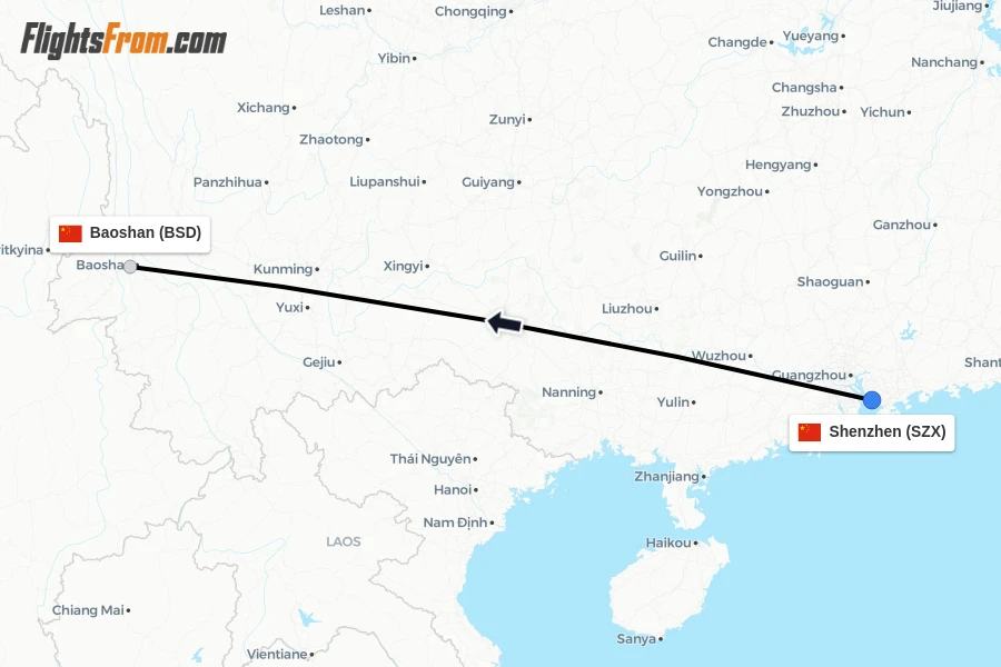 Flights from Shenzhen to Baoshan route map