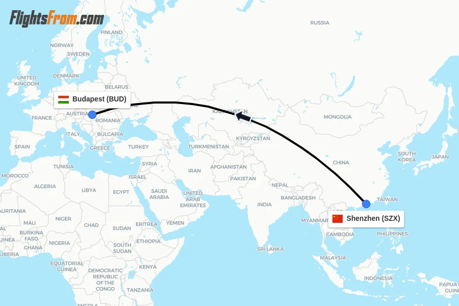 Flights from Shenzhen to Budapest route map