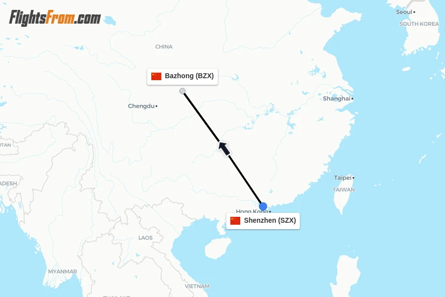 Flights from Shenzhen to Bazhong route map