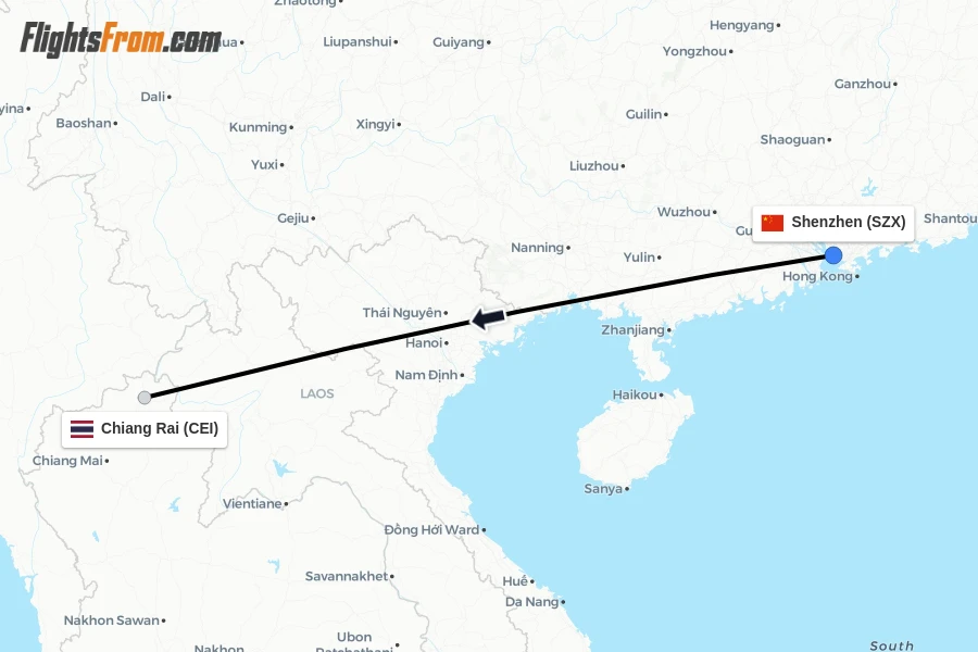 Flights from Shenzhen to Chiang Rai route map