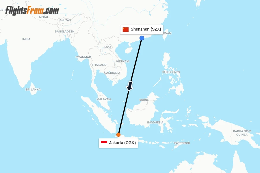 Flights from Shenzhen to Jakarta route map