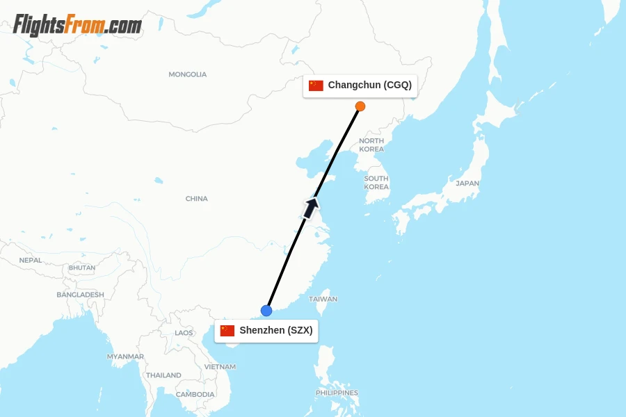 Flights from Shenzhen to Changchun route map