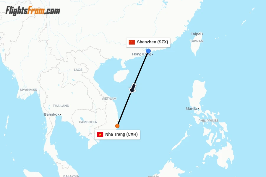 Flights from Shenzhen to Nha Trang route map