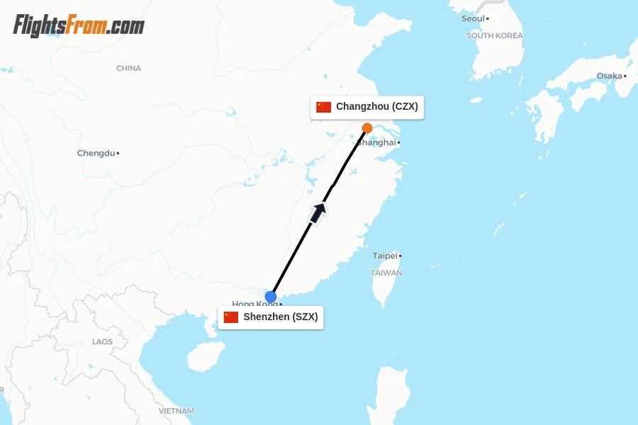Flights from Shenzhen to Changzhou route map