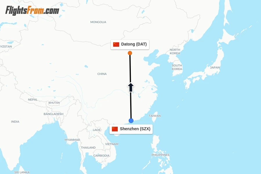 Flights from Shenzhen to Datong route map