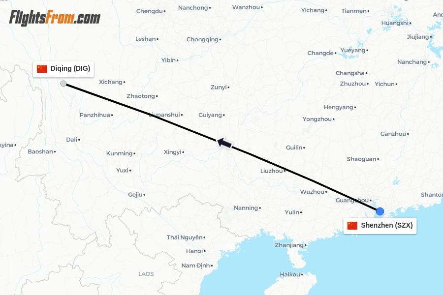 Flights from Shenzhen to Diqing route map