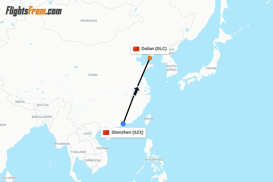 Flights from Shenzhen to Dalian route map