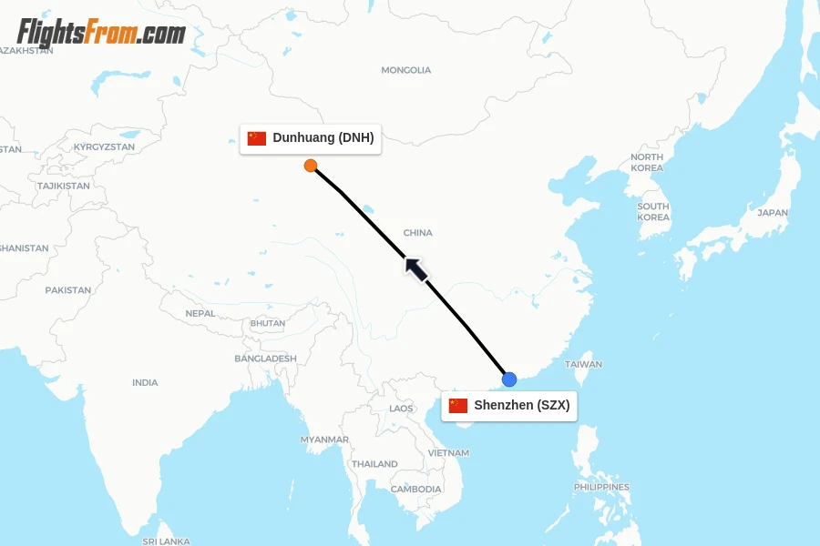 Flights from Shenzhen to Dunhuang route map