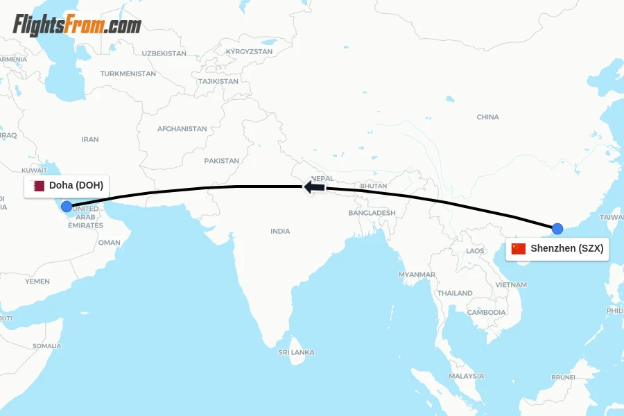Flights from Shenzhen to Doha route map