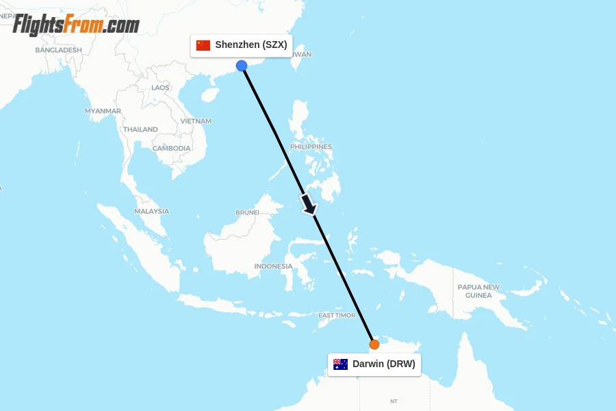 Flights from Shenzhen to Darwin route map