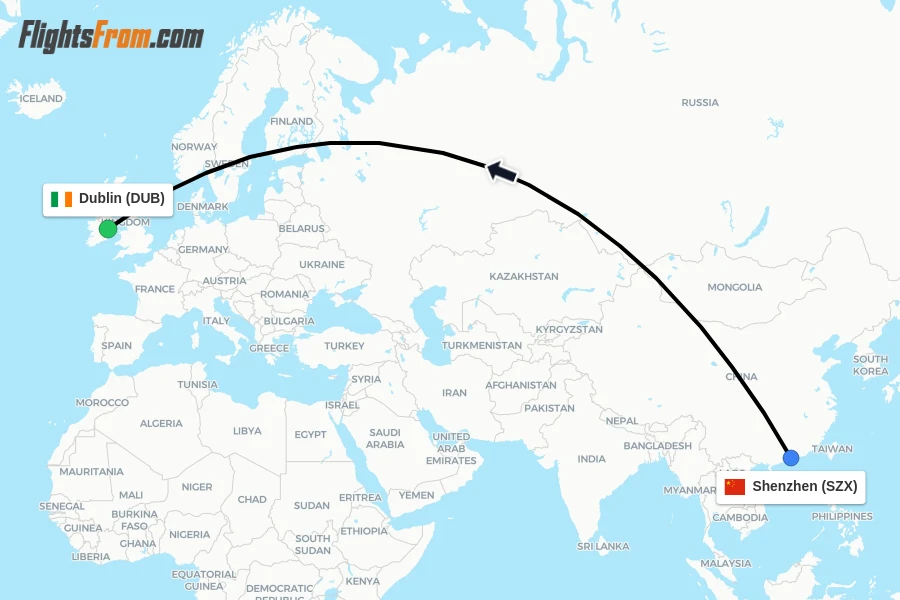 Flights from Shenzhen to Dublin route map