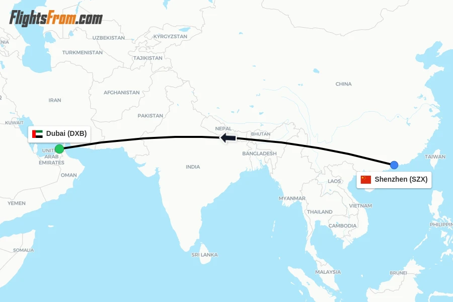 Flights from Shenzhen to Dubai route map