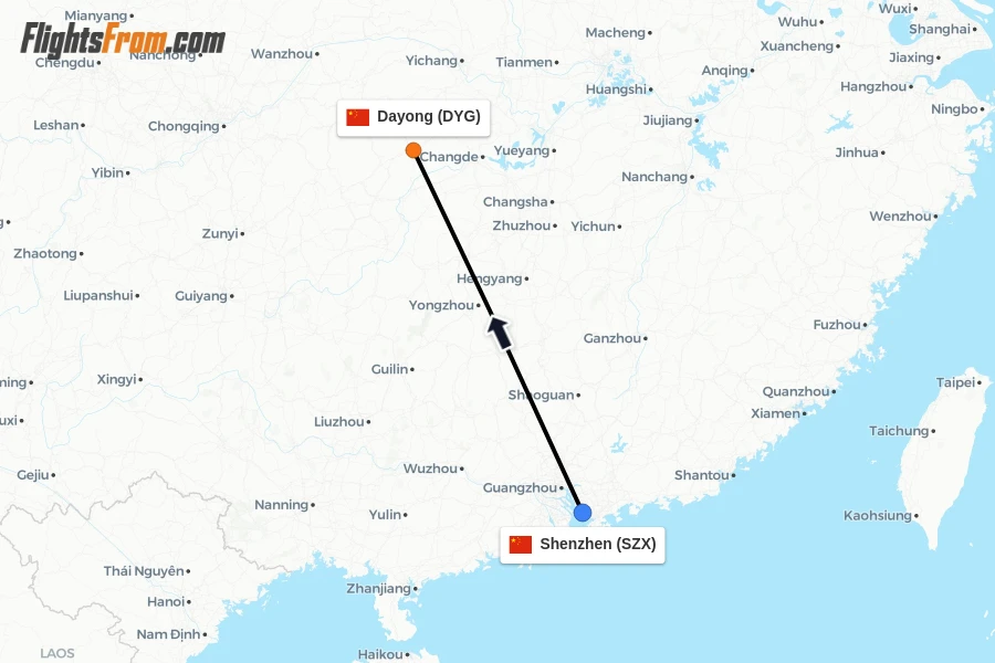 Flights from Shenzhen to Dayong route map
