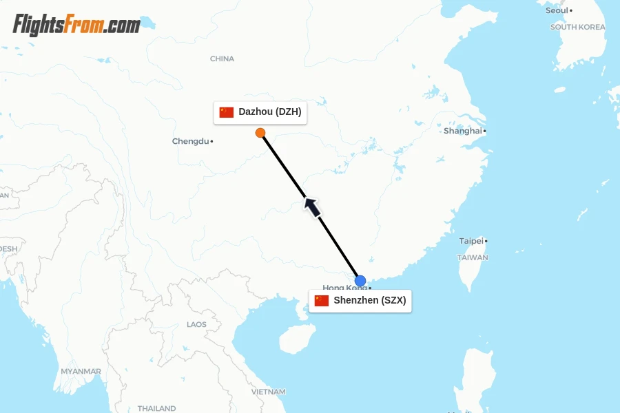 Flights from Shenzhen to Dazhou route map