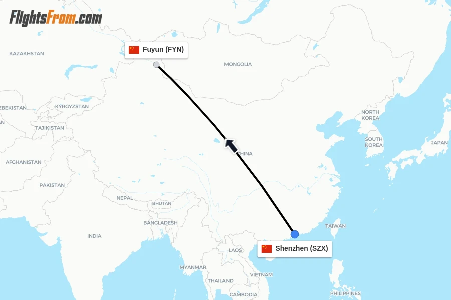 Flights from Shenzhen to Fuyun route map