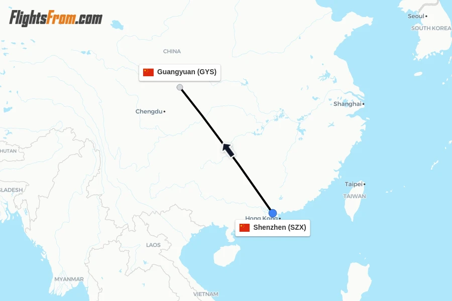 Flights from Shenzhen to Guangyuan route map
