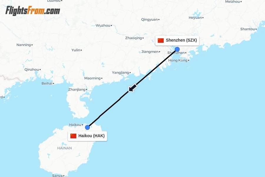 Flights from Shenzhen to Haikou route map