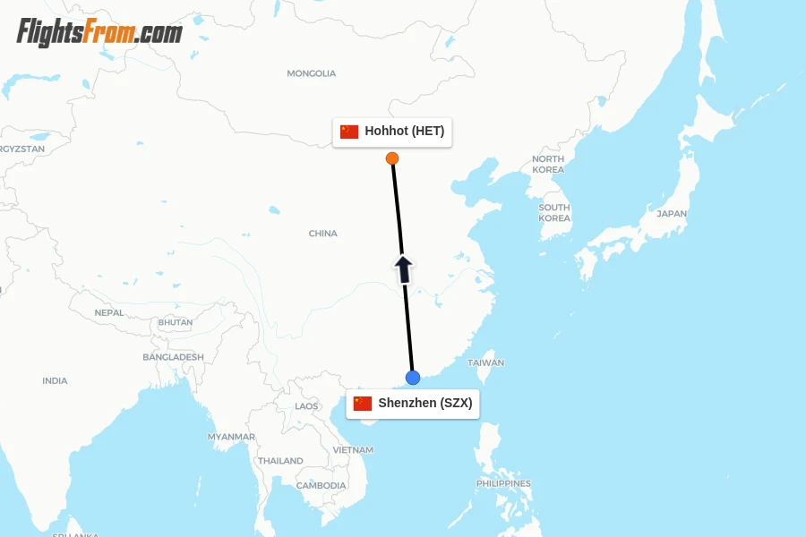 Flights from Shenzhen to Hohhot route map