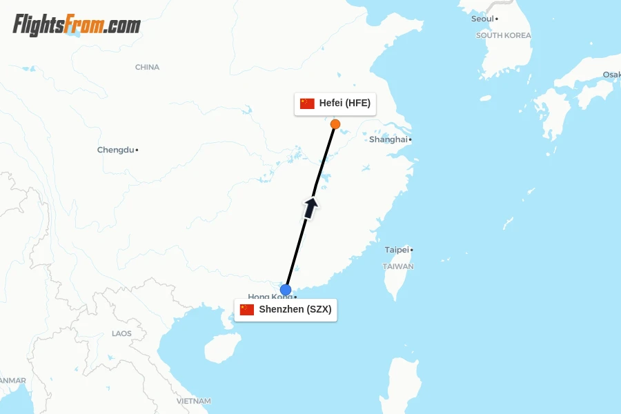 Flights from Shenzhen to Hefei route map