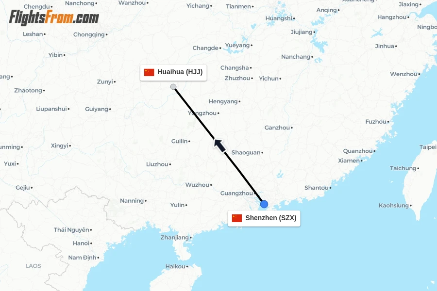 Flights from Shenzhen to Huaihua route map