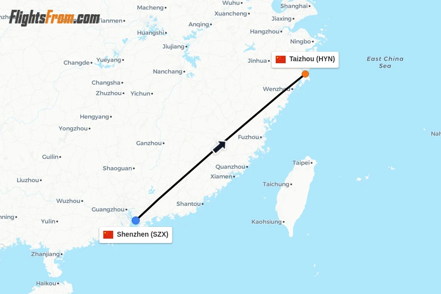 Flights from Shenzhen to Taizhou route map