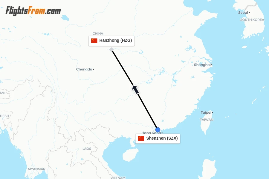 Flights from Shenzhen to Hanzhong route map