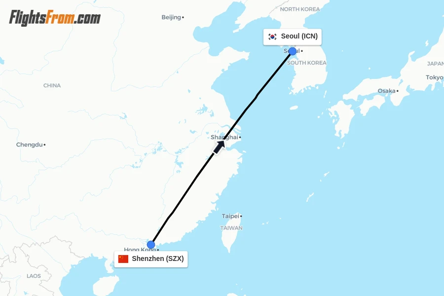 Flights from Shenzhen to Seoul route map