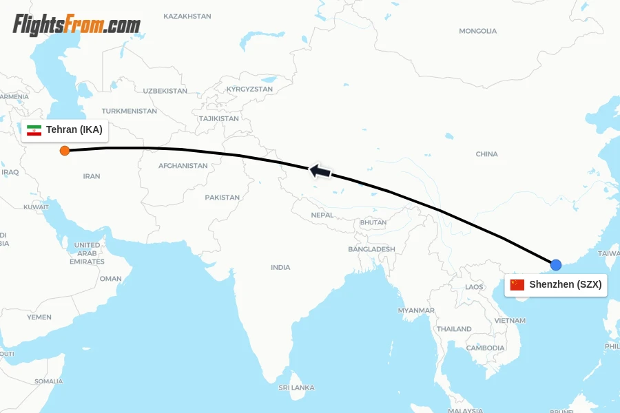 Flights from Shenzhen to Tehran route map